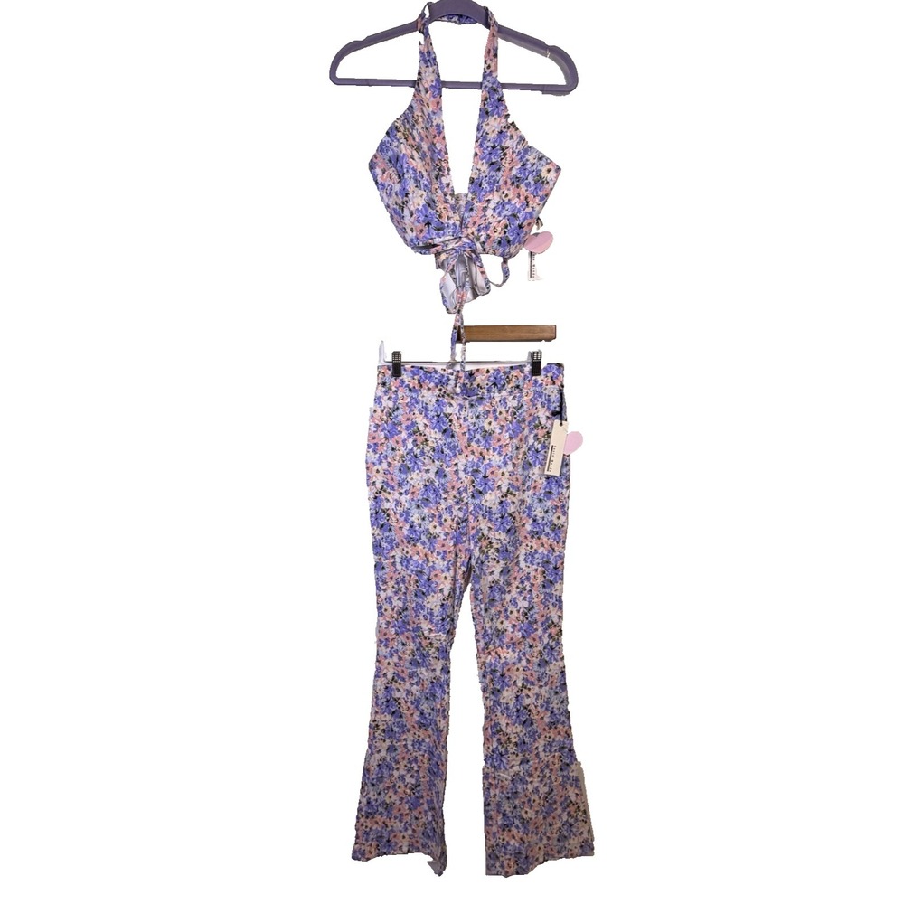 NWT Haute Monde Woman's Crop Top &‎ Pants Size M Periwinkle Floral Boho Festival